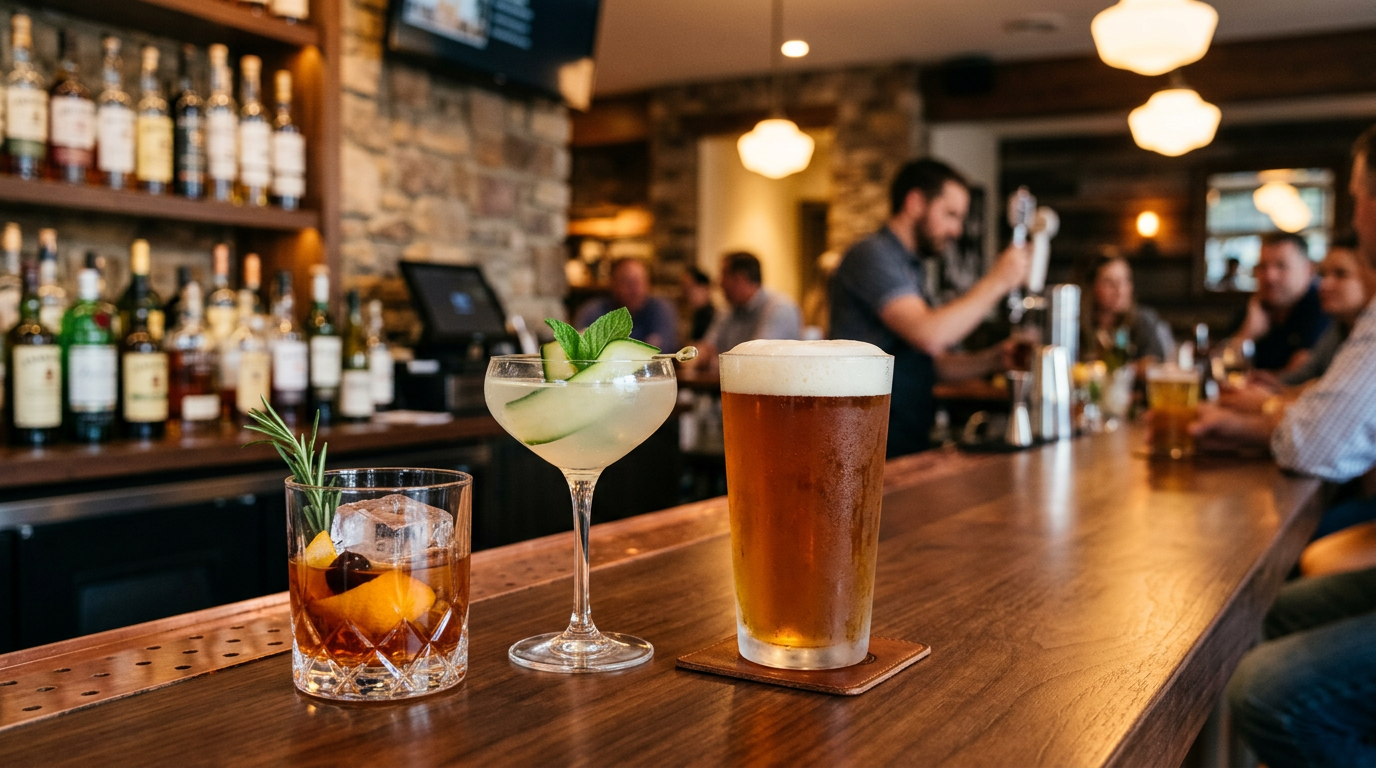 Auswahl an Cocktails, Bier und Drinks bei Dompe's Bar